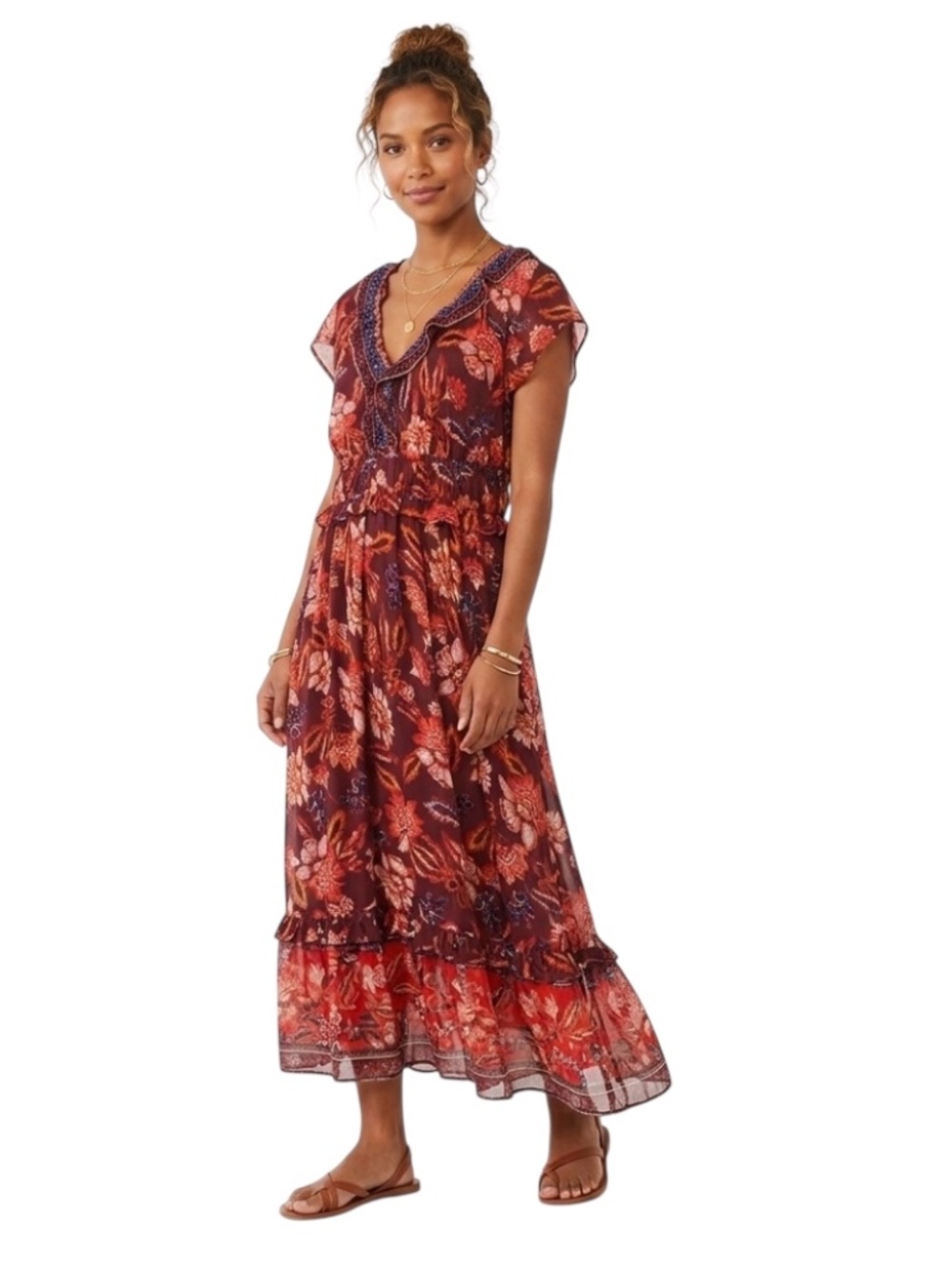 Old Navy Burgundy and Red Floral Maxi Dress